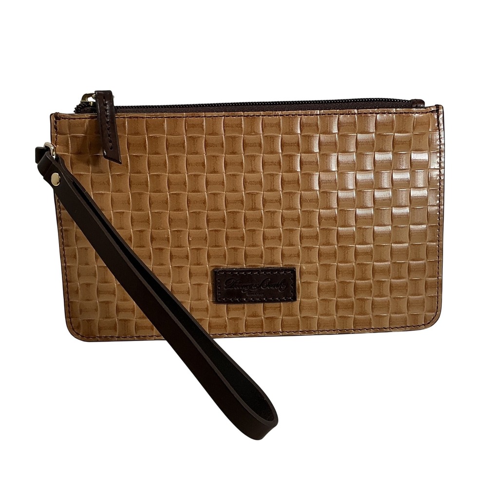 Dooney & Bourke Tan Embossed‎ Woven Leather Wristlet Clutch Bag Brown Trim